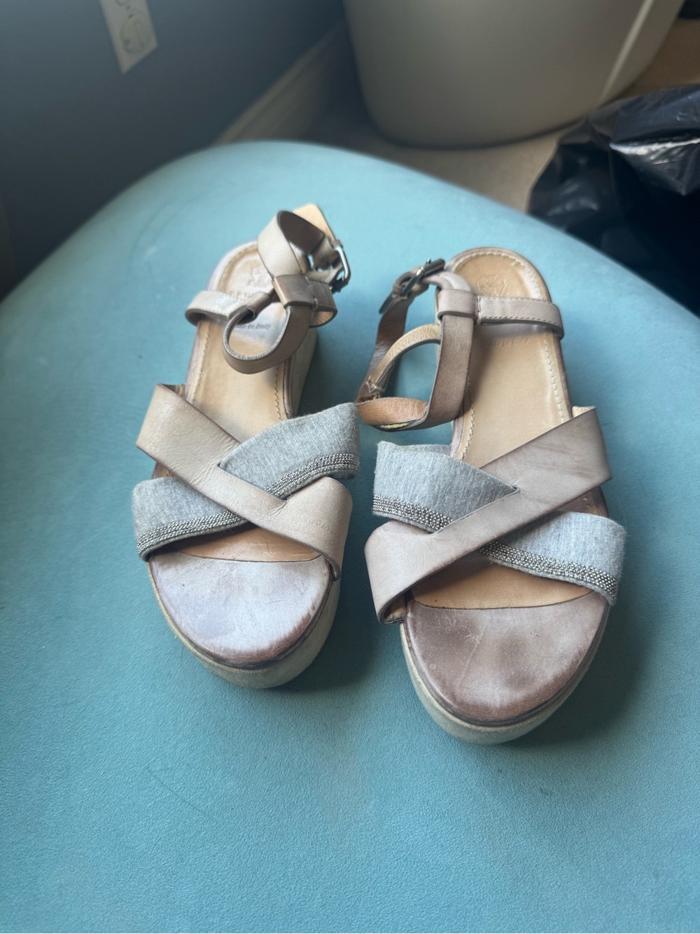 Brunello Cucinelli Taupe and Light Gray Leather Platform Sandals
